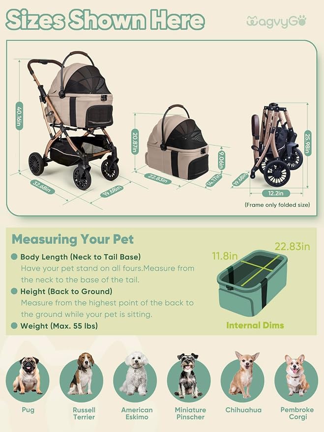 Dog Stroller, Cat Strollers, 5-in-1 Pet Stroller with Detachable Waterproof Carrier for Small/Medium Dogs Cats up to 55lbs, All-in-One Fold Without Detaching Carrier for Dogs Cats 10 lbs to 55 lbs-PawvioPets