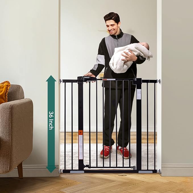 BABELIO 36" Tall Baby Gate, 26-40" Wide Auto Close Pet Gate, Pressure Mounted Metal Dog Gate, Easy-Install No Drilling, No Tools Required, with Wall Protectors and Extension Kits, Black-PawvioPets
