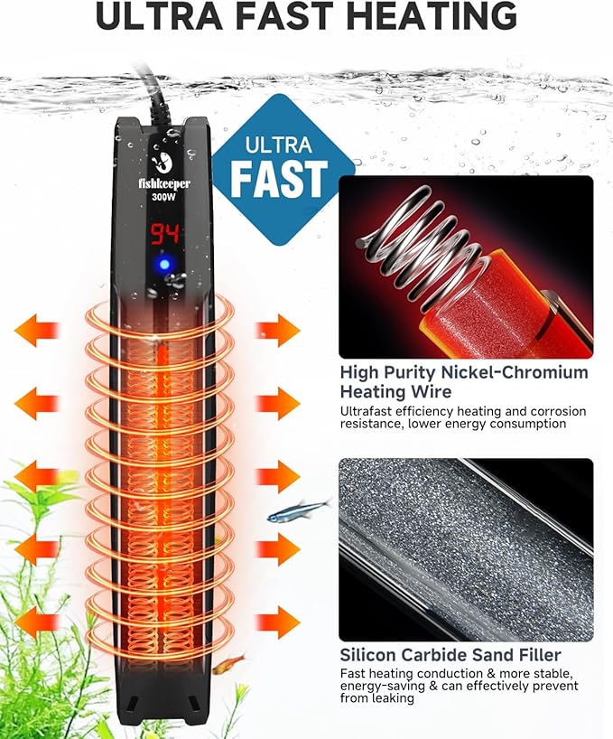 fishkeeper 300W/500W/800W Submersible Aquarium Heater for 40-220 Gal (Run-Dry/Overheat/Low-Temp Protection)(Precision Electronic Smart Thermostat)(Adjustable Temperature) Ultra-Safe Fish Tank Heater-PawvioPets