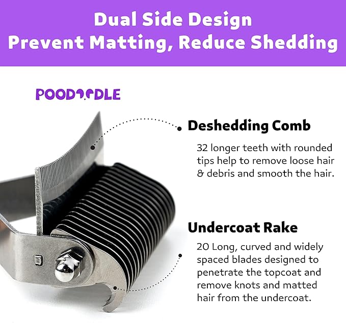 2 in 1 Undercoat Rake for Dogs and Cats, Professional Grooming Brush Dematting & Shedding Comb to Remove Loose Hair, Matted Fur Efficiently, Perfect for Poodle, Doodle & All Long Haired Pets-PawvioPets