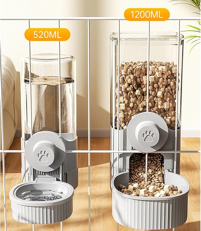 GKYZBB Hanging Automatic Food Water Dispenser,Rabbit Feeder Guinea Pig Water Bottle Food Feeder for Ferret Guinea Pig Rabbit Bunny Cage Accessories (Grey, 520ml+1200ml)-PawvioPets