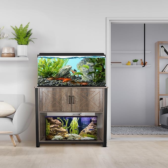 40 Gallon Aquarium Stand with Cabinet & Power Outlets, Heavy Duty Metal Stand for 40-50 Gallon Breeder & Turtle Tanks, Double Terrarium Stand, 660LBS Capacity, Grey-PawvioPets