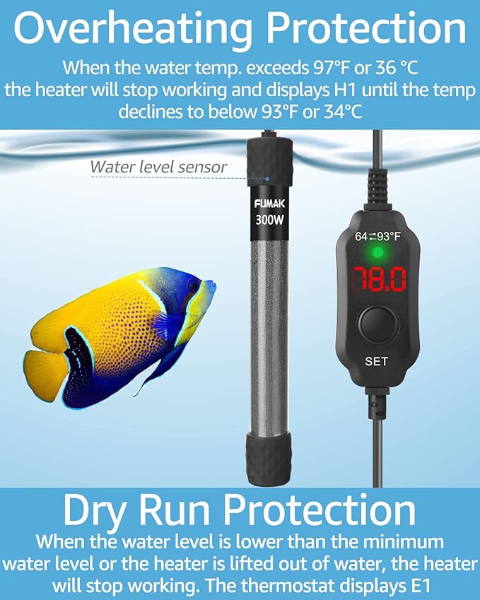 300W Adjustable Aquarium Heater Super Short Submersible Fish Tank Heater Fish Heater with LED Digital Display Thermostat, for Tanks 40-60 Gallons-PawvioPets