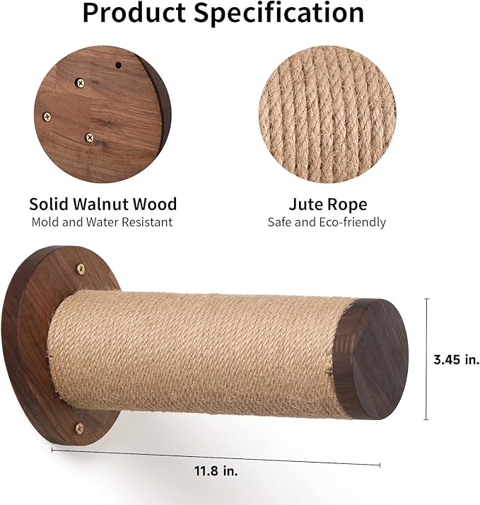 FUKUMARU Cat Wall Furniture, 11.8 Inch Cats Shelves for Drywall, Walnut Wood Kitten Stairs for Wall Mounted with Jute Scratching Kittens Steps, 2 of Pack-PawvioPets