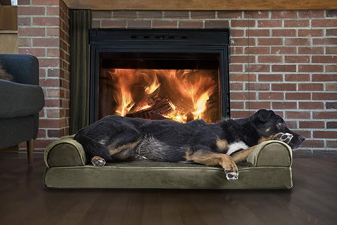 Furhaven Orthopedic Dog Bed for Large/Medium Dogs w/ Removable Bolsters & Washable Cover, For Dogs Up to 55 lbs - Faux Fur & Velvet Sofa - Dark Sage, Large-PawvioPets