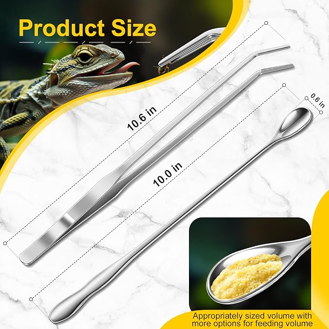 2pcs Reptile Feeding Tongs, Feeding Spoon, Stainless Steel Aquarium Feeding Tools, Curved Long Tweezers 10.6 in, Long Spoon 10 in (Coffee Spoon) for Feeding Lizards, Bearded Dragons and More.-PawvioPets