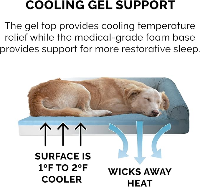 Furhaven Cooling Gel Dog Bed for Medium/Small Dogs w/ Removable Bolsters & Washable Cover, For Dogs Up to 35 lbs - Pinsonic Quilted Paw L Shaped Chaise - Bluestone, Medium-PawvioPets
