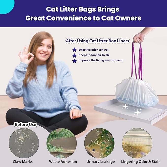 12 Count Litter Box Liners, Waste Bags Compatible with Pet-safe ScoopFree Self-Cleaning Litter Box Tray, Drawstring Litter Bags for Reusable Tray, Pre-Separated (38"L x 14.5"W x 7.8"H)-PawvioPets
