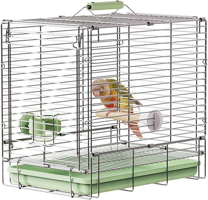 Bird Carrier Travel Cage - 304 Stainless Steel Portable Folding Bird Travel Cage with Parrot Feeder Cups & Standing Perch for Smaller Birds Conures Lovebird Cockatiel Parakeets (Green)-PawvioPets