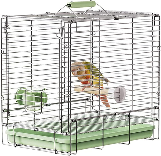 Bird Carrier Travel Cage - 304 Stainless Steel Portable Folding Bird Travel Cage with Parrot Feeder Cups & Standing Perch for Smaller Birds Conures Lovebird Cockatiel Parakeets (Green)-PawvioPets