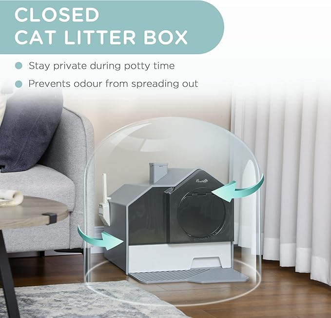 PawHut Hooded Cat Litter Box with Kitty Litter Mat, Kitty Litter Pan with Odor Control, Easy-Clean Pull-Out Drawer, Handle, Scoop, Gray-PawvioPets