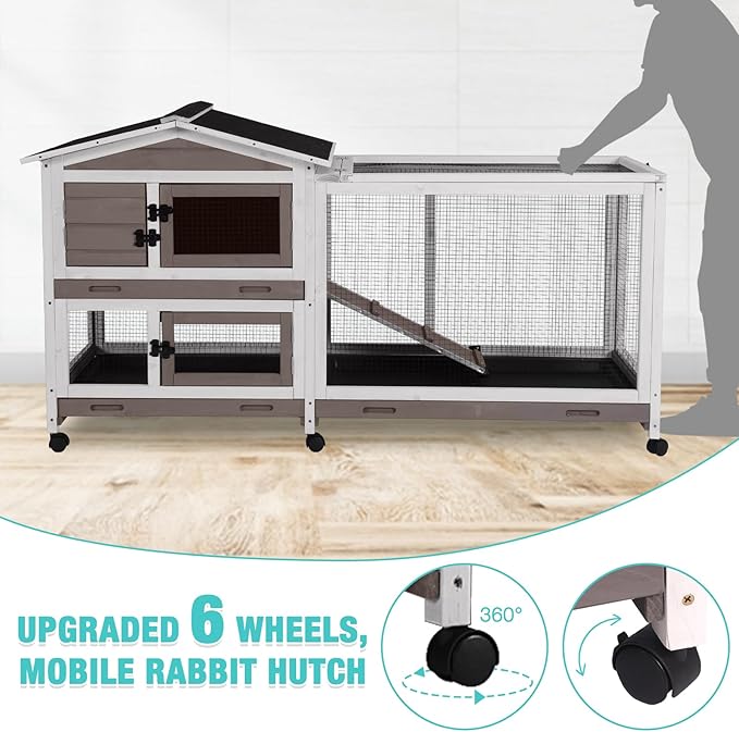 62" Rabbit Hutch with Chew-Proof Ramp & Waterproof Roof - Indoor/Outdoor Bunny Cage, 2-Story Design, 6 Lockable Caster Wheels & Dual Pull-Out Trays (Brown)-PawvioPets