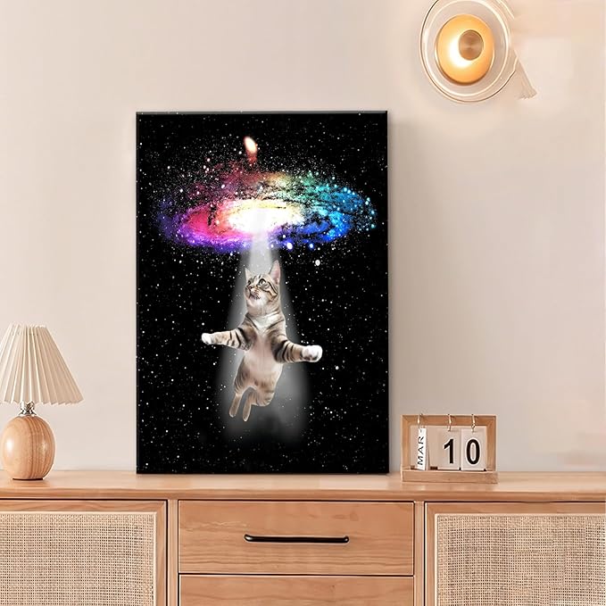 Funny Cat Wall Art Canvas Galaxy Wall Decor Prints Framed Painting Animal Pictures Gifts Artwork for Bathroom Living Dining Kitchen 16"x24"-PawvioPets