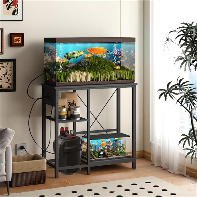 20-29 Gallon Fish Tank Stand with Power Outlet & LED Light, Metal Aquarium Stand with 3 Tier Adjustable Storage Shelves, Tank Stand for Reptile Tank, Turtle Tank, 30.7" L*13.8" W, Black-PawvioPets