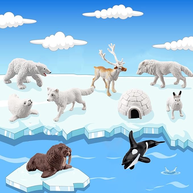 18pcs Arctic Animal Figures, Realistic Arctic Animals Toy Figurines Set with Arctic Fox Wolf Polar Bear Reindeer Figures for Kids, Miniature Toys Cake Topper Birthday Gift-PawvioPets