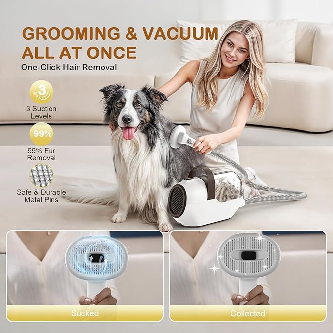 Dog Grooming Vacuum, Dog Grooming Kit with Pet Clipper Nail Grinder, 3 Suction Modes Dog Brush Vacuum with 6 Pet Grooming Tools (Coffee)-PawvioPets