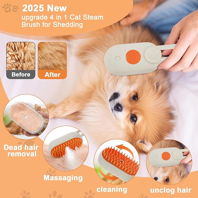 4-in-1 Cat Steam Brush Cat and Dog Anti-Static steam Brush with Spray for Massaging,cleaning,Shedding,Grooming,New Rechargeable Pet Grooming Brushes(cream khaki)-PawvioPets