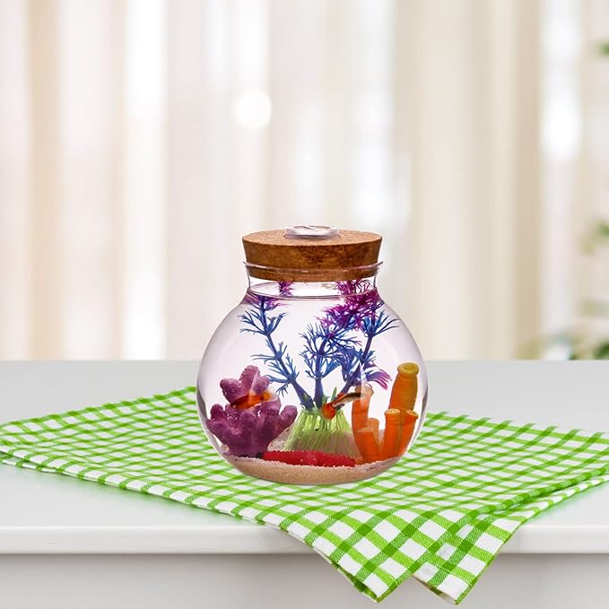 Fish Bowl with LED Light - Small Betta Fish Tank with LED Lighting and Lid Glass Fish Bowl Small Aquarium Glass Terrarium Container Bottle for DIY Landscape, Home Decor-PawvioPets