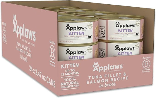Applaws Natural Wet Kitten Food in Broth, Limited Ingredient Canned Wet Kitten Food, No Additives, Made with Natural Ingredients, Tuna Fillet & Salmon in Broth (24 x 2.47oz Cans)-PawvioPets