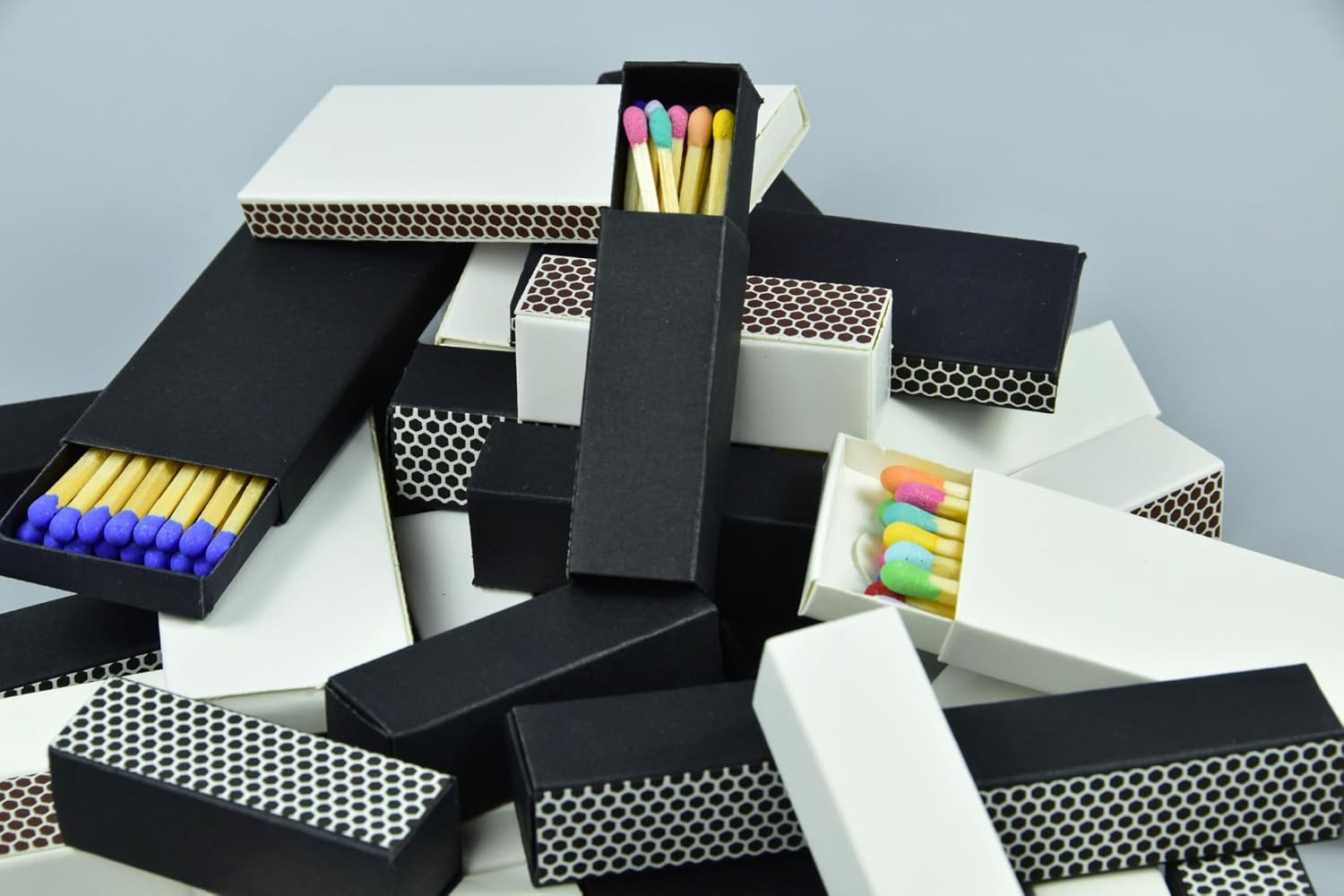 Chandler Studio 10 Boxes - Wooden Matchsticks in a Blank Matchbox with White/Black Matchboxes Colorful Tips (2" Matchboxes, 10 Boxes)