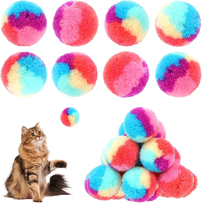 30 Pcs Soft Plush Cat Ball 1.2-inch Rainbow Cat Toy Balls Fuzzy Kitty Balls Kitten Puff Balls Colorful Cat Pom Pom Balls for Cat Kitten Pet Playing Exercising-PawvioPets