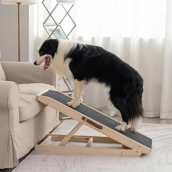 Dog Ramp for Bed Couch - Pet Steps Stairs to Get on Bed Couch 11.8"-19.6" High for Small or Large Dog Up to 200 lbs, Adjustable Wooden Dog Ramp Steps Foldable Portable, Anti-Slip Carpet (Natural)-PawvioPets