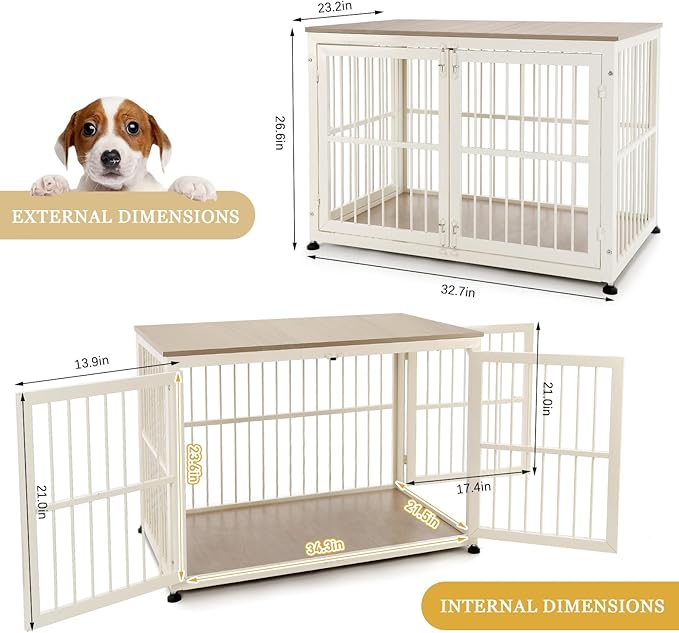 32 Inch Heavy Duty Dog Crate Furniture for Medium and Small Dogs, Decorative Pet House End Table, Wooden Cage Kennel Furniture Indoor with Double Doors, Sturdy Dog Cage for Anxiety Dog-PawvioPets