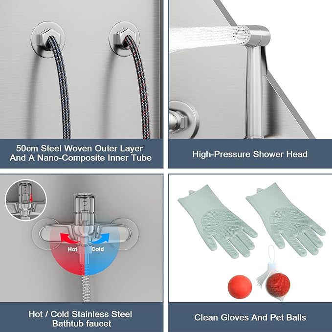 62" Professional Stainless Steel Dog Bathing Station, Large Dog Washing Station W/Dog Bath Brush, Washing Gloves, Floor Grate, Dog and Cat Bath Tub, Dog Washing Sink (62 Inch Left Door)-PawvioPets