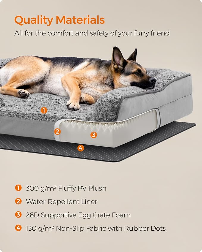 Feandrea Orthopaedic Dog Bed for Large Dogs, Waterproof Dog Sofa Bed with Removable Washable Cover, 48 x 35 x 7 Inches, Dove Gray UPGW254G01-PawvioPets
