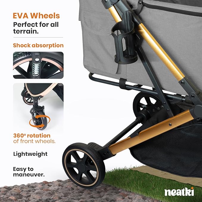 Foldable Pet Stroller for Dogs and Cats, 33 lbs Capacity, 360° Swivel Front Wheels, One-Click Fold, Brake System, Leash & Lock Clips, Removable Washable Padding, and Cup Holder (Gray, 33 lbs)-PawvioPets