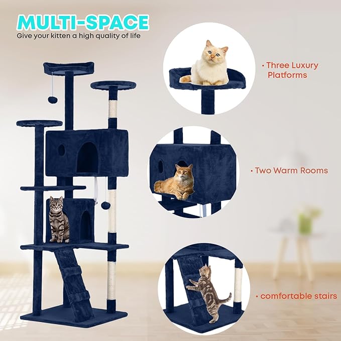 FDW Cat Tree 70in Cat Tower Multi-Level Durable Cat Scratching Post & Cozy Fun Cat Jumping Platform Space Saving Cat Condo Pet Play House for Indoor Cats,Navy Blue-PawvioPets