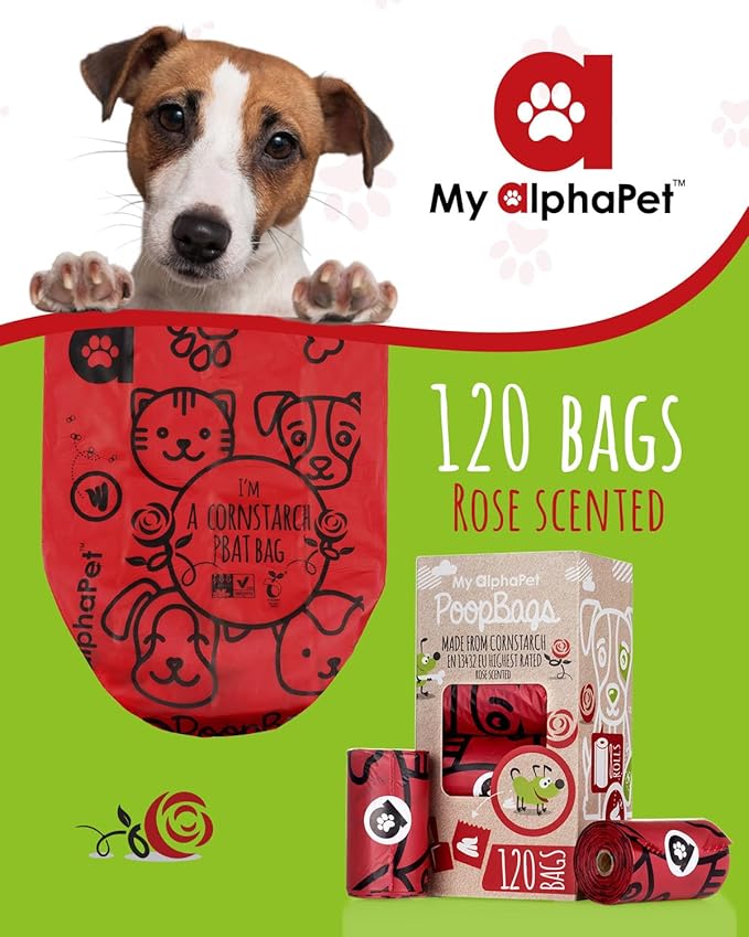Compostable Dog Poop Bags, Cornstarch Eco-Friendly, HOME COMPOST NF T 51-800, 120 Count, Large Size Bag 9x13 Inches, 8 Unscented Refill Rolls, Leak-proof, Plantbased, GM-Free Corn (Red)-PawvioPets