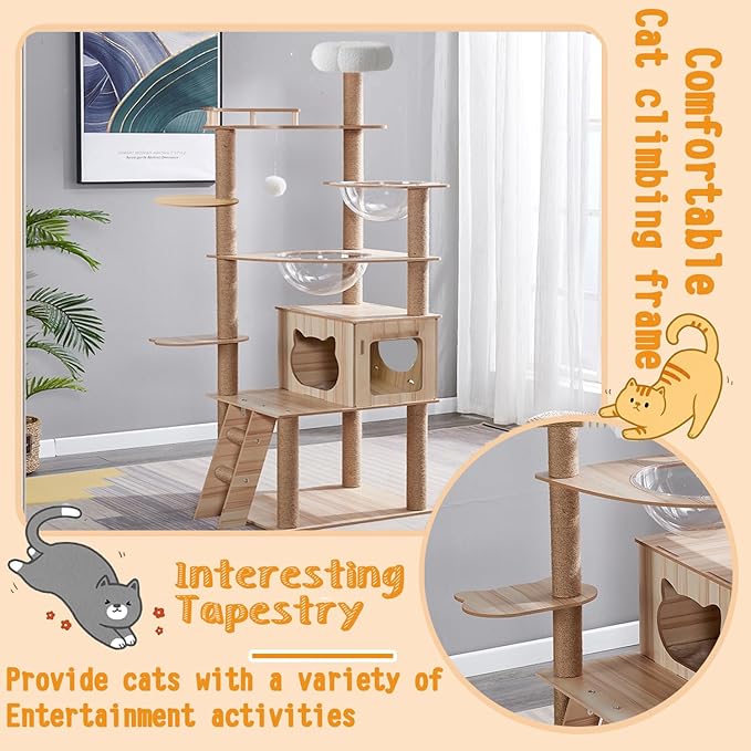 67-Inch Cat Tree for Indoor Cats Large Adult,Cat Tree Tower with Condo, Cat Stairs, 2 Bowl,14 Sisal Scratching Posts, Top Perch, with Padded Platform Bed,Toy Balls,Larg Large cat Tree.B12-PawvioPets
