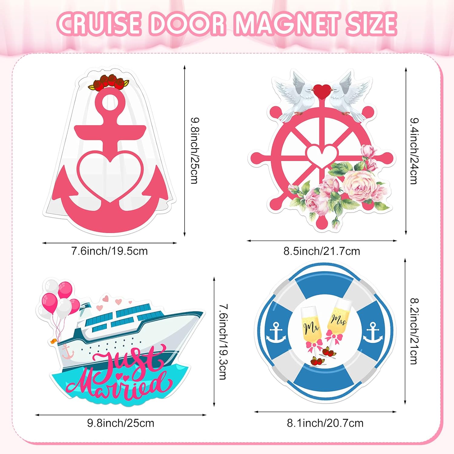 Xuhal 4 Pcs Just Married Cruise Door Decorations Wedding Honeymoon Cruise Door Magnets Just Married Car Decoration Anchor Life Preserver Magnet Carnival Car Locker Refrigerator