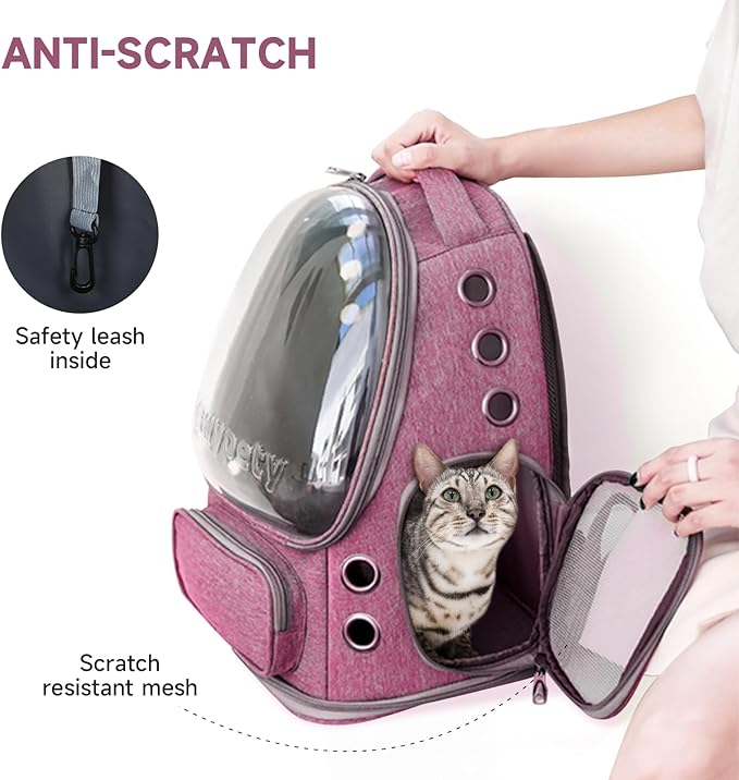Cat Backpack Carrier, Breathable Cat Carrier Large Space Bubble Pet Backpack for Kitty Small Dog up to 15lbs, Transparent & Foldable Pet Carrier for Travel Hiking（Pink）-PawvioPets