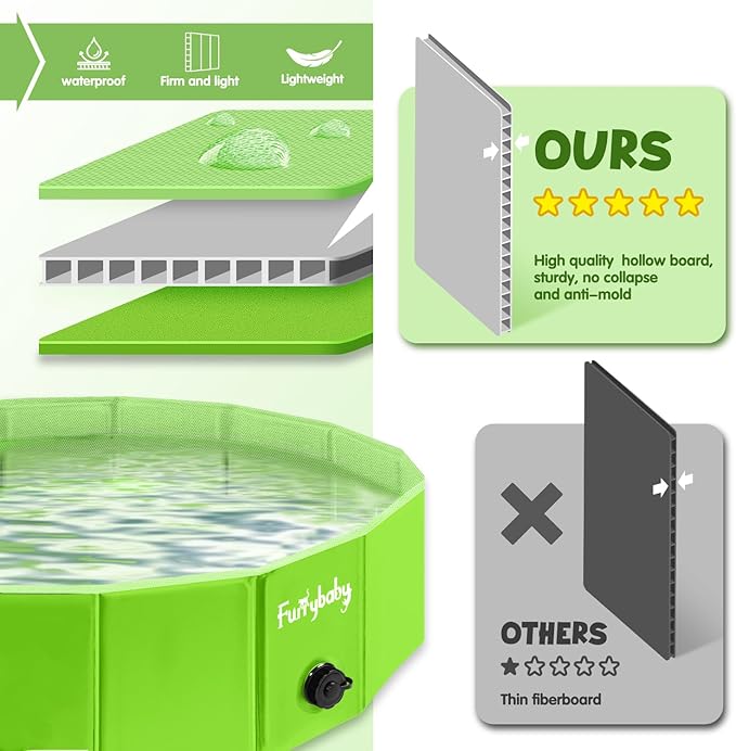 Furrybaby Dog Pool, Kiddie Pool with Hard Plate Collapsible Pet Bath Foldable Swimming Pet Pool Portable Green 32''-PawvioPets