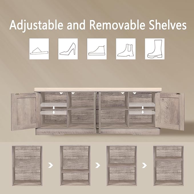 DINZI LVJ Shoe Bench, Entryway Storage Bench with Doors, Cushion, 2-Tier Shoe Rack with 8-Cubby, 47.2”L x 13.8”W Shoe Organizer Cabinet, Adjustable Shelf, Living Room, Bedroom, Greige-PawvioPets