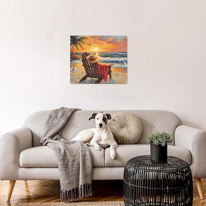 Beach Coastal Bathroom Pictures Wall Art, Seaside Ocean Bathroom Wall Decor, Sunrise Palm Framed Painting Canvas Artwork for Bedroom Living Room Decorations 24"L x 20"W-PawvioPets