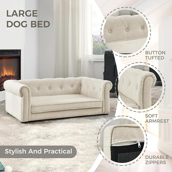 Dog Sofa Couch for Medium to Large Dogs, 31" Memory Foam Dog Couch with Washable Fabric, Removable Cushion, Sofa Bed for Medium and Large Dogs, Beige-PawvioPets
