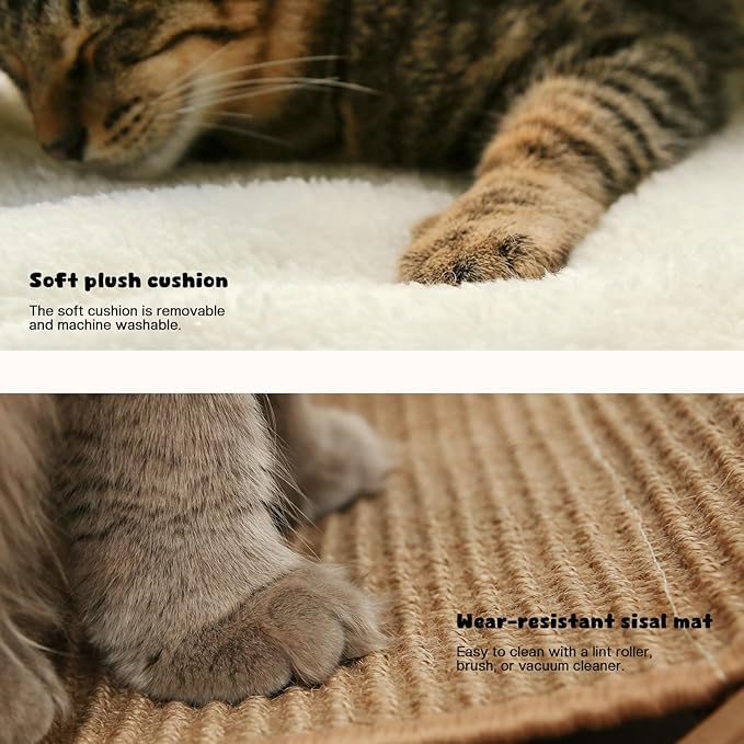 Cat Hammock Bed, Wooden Elevated Cat Beds with Natural Sisal Scratching Mat, Cats Scratcher Bed with Removable Soft Cushion, Cats Scratching Beds with Wood Frames, 22" L x 17.7" W-PawvioPets