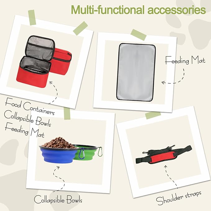 Dog Travel Bag,Weekend Pet Travel bag Set for Dog and Cat,Airline Approved Tote Multi-Function Bags for Traveling,Include 2 Collapsible Bowls,2 Food Storage Containers,1 Feeding Mat,Red-PawvioPets