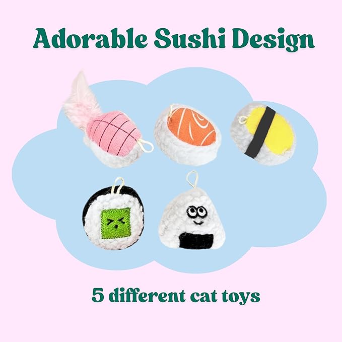 5 Pack Sushi Cat Toys, Interactive Catnip with Bells Inside Kitten Boredom Relief, Soft and Durable, Indoor Kitty Exercise Pet Toys-PawvioPets