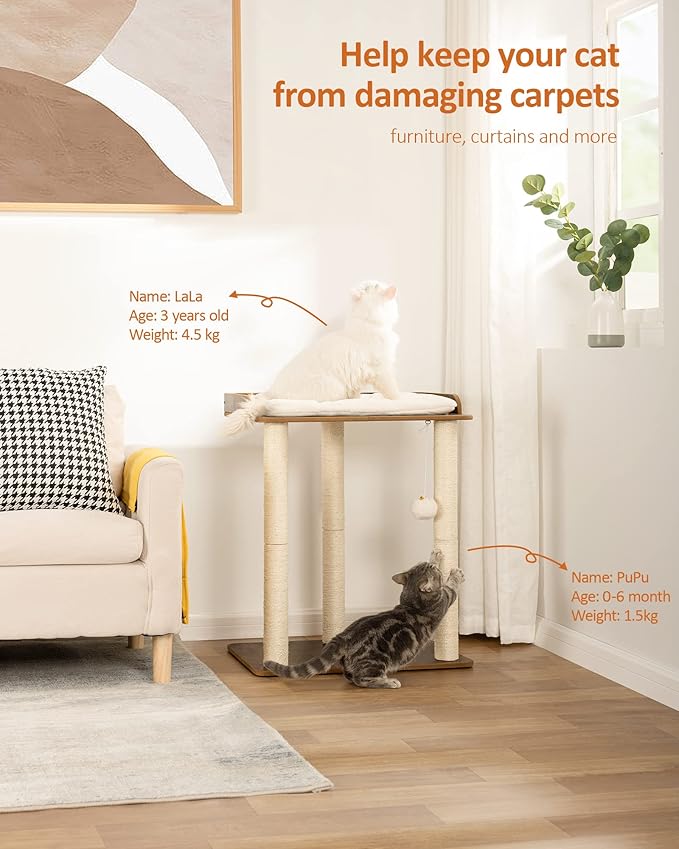 FourFurPets 26.7in Large Cat Tree Tower Condo, Cat Scratch Posts for Indoor Cats, Big Plate, Three 23.6in Full Sisal Scratching Posts, Rustic Brown-PawvioPets