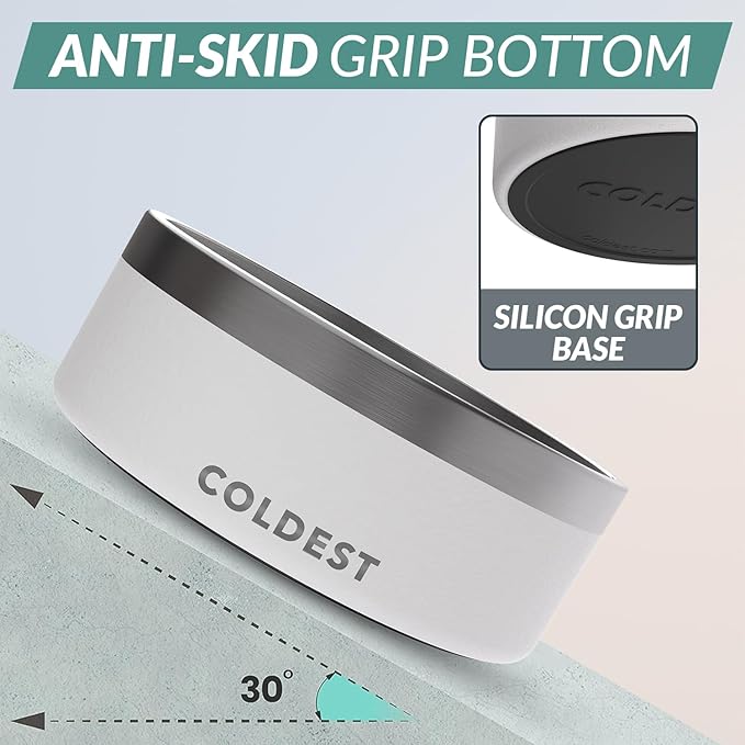 Coldest Dog Bowl - Anti Rust Metal, Non Slip, 3 Layers Insulated Stainless Steel Dog Bowls - Spill Proof & Heavy Duty - Water Bowl for Dogs, Cats & Pets, Dish Washer Safe (64 oz, Epic White)-PawvioPets