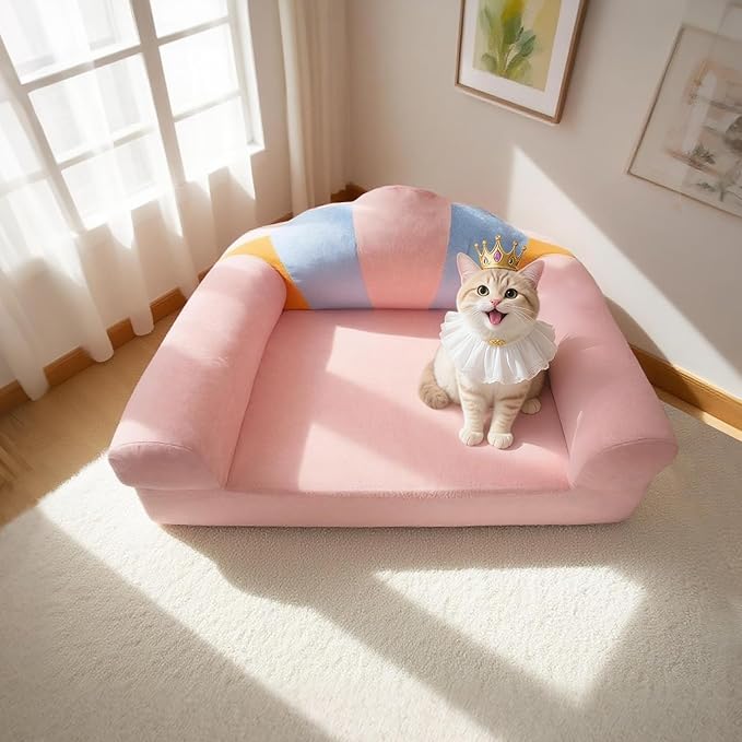 Cute Cat Couch with Soft Pillow, Supportive Dog Couch, Cat Sofa with Removable Cover，Cute Rainbow Shaped, 24 Inch-PawvioPets