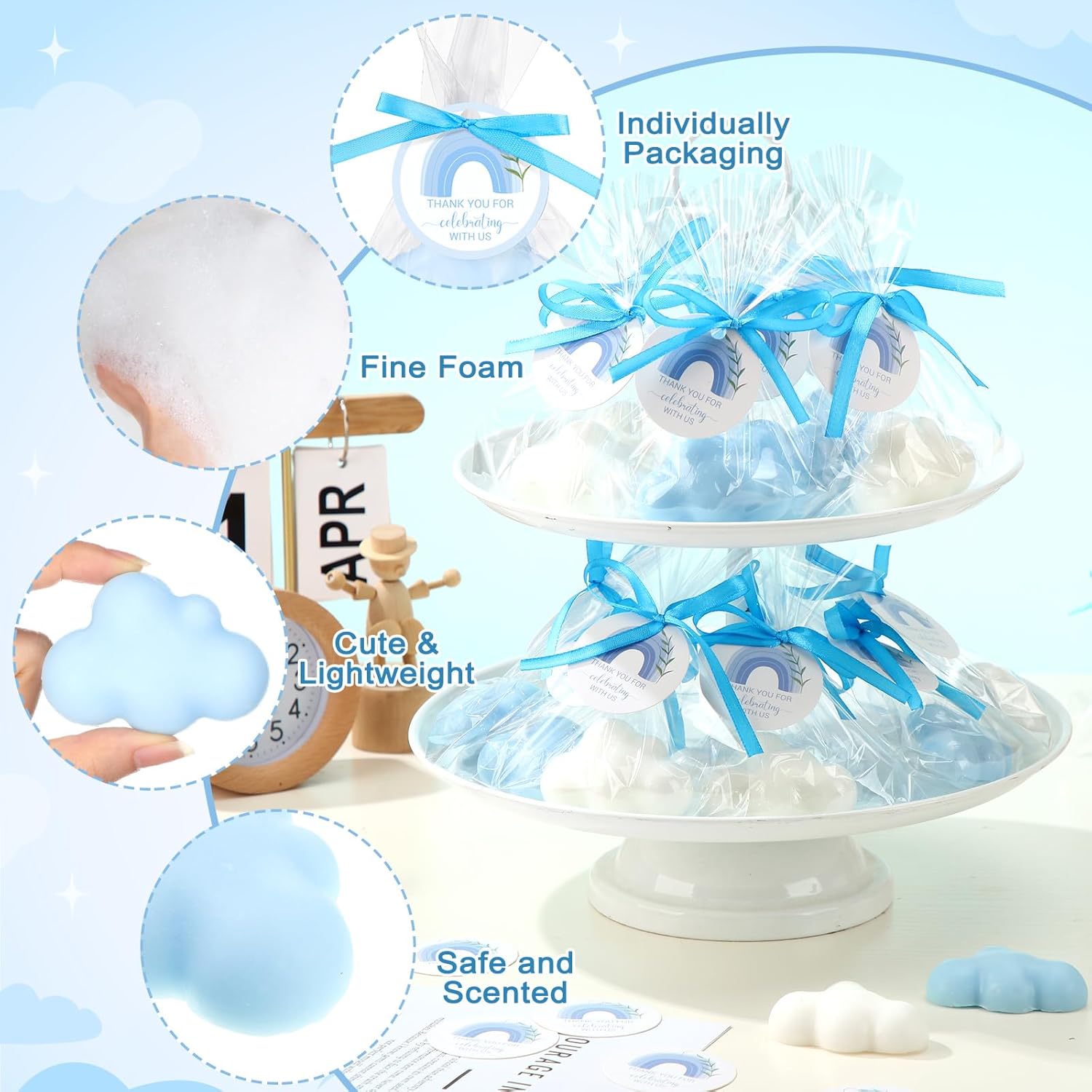 Demissle 20 Pcs Cloud Baby Shower Soap Favors Mini Handmade Soap Gifts with Thank You Card for Guests Christmas Party Wedding Return Gifts Bridal Shower Decorations (White,Blue)