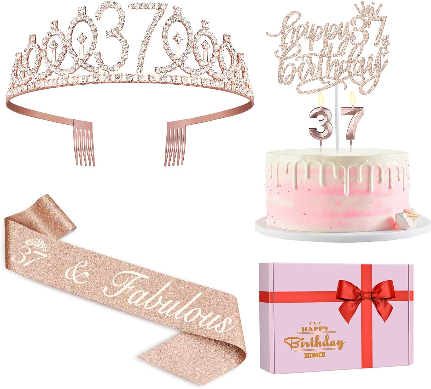 37th Birthday Decorations for Women Including Birthday Sash, Tiara/Crown, Numeral Candles and Cake Topper, 37 Year Old Gifts for Women, Rose Gold Party Decor Supplies