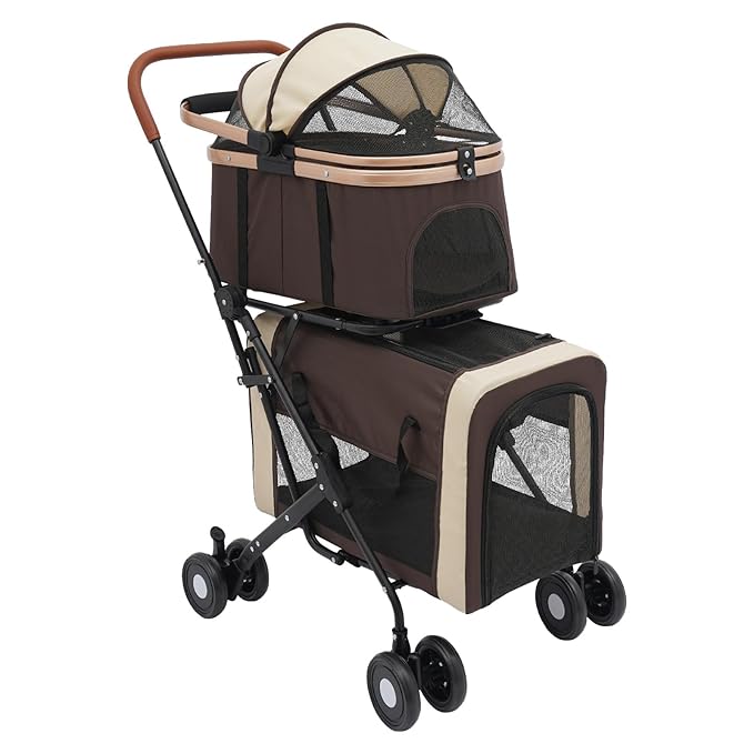 2-Layers Pet Stroller for 2 Cats/Dogs,Foldable Lightweight 77lbs Capacity Carrier, 4 Wheels, Removable Basket & Storage Pocket,for Small Pets (Coffee)-PawvioPets