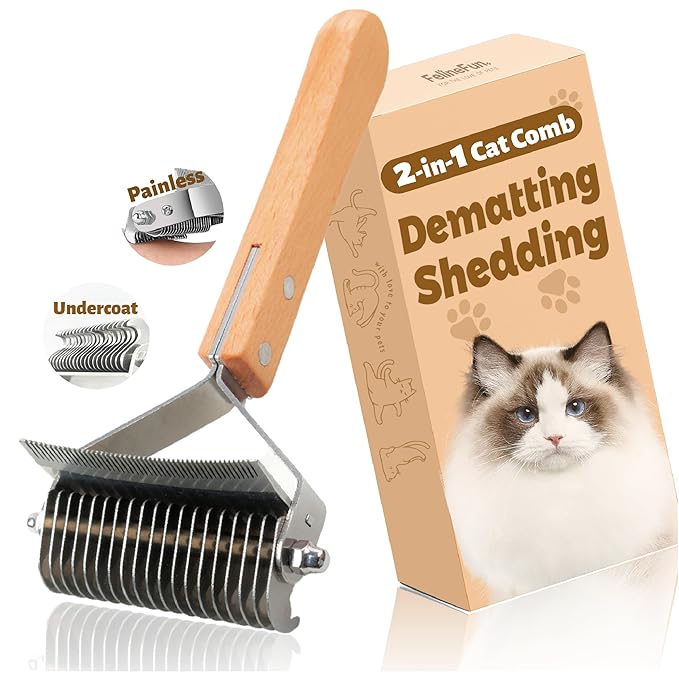 FelineFun Cat Brush for Dematting & Deshedding, 2 in 1 Undercoat Rake, Efficiently Remove Loose Hair & Matted Fur, Professional Shedding Comb for Indoor Cats & Long Haired Cats-PawvioPets