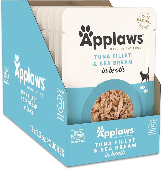 Applaws Natural Wet Cat Food in Broth, Limited Ingredient Wet Cat Food Pouches, No Additives, Made with Natural Ingredients, Tuna Fillet with Seabream in Broth (12 x 5.3oz Pouches)-PawvioPets